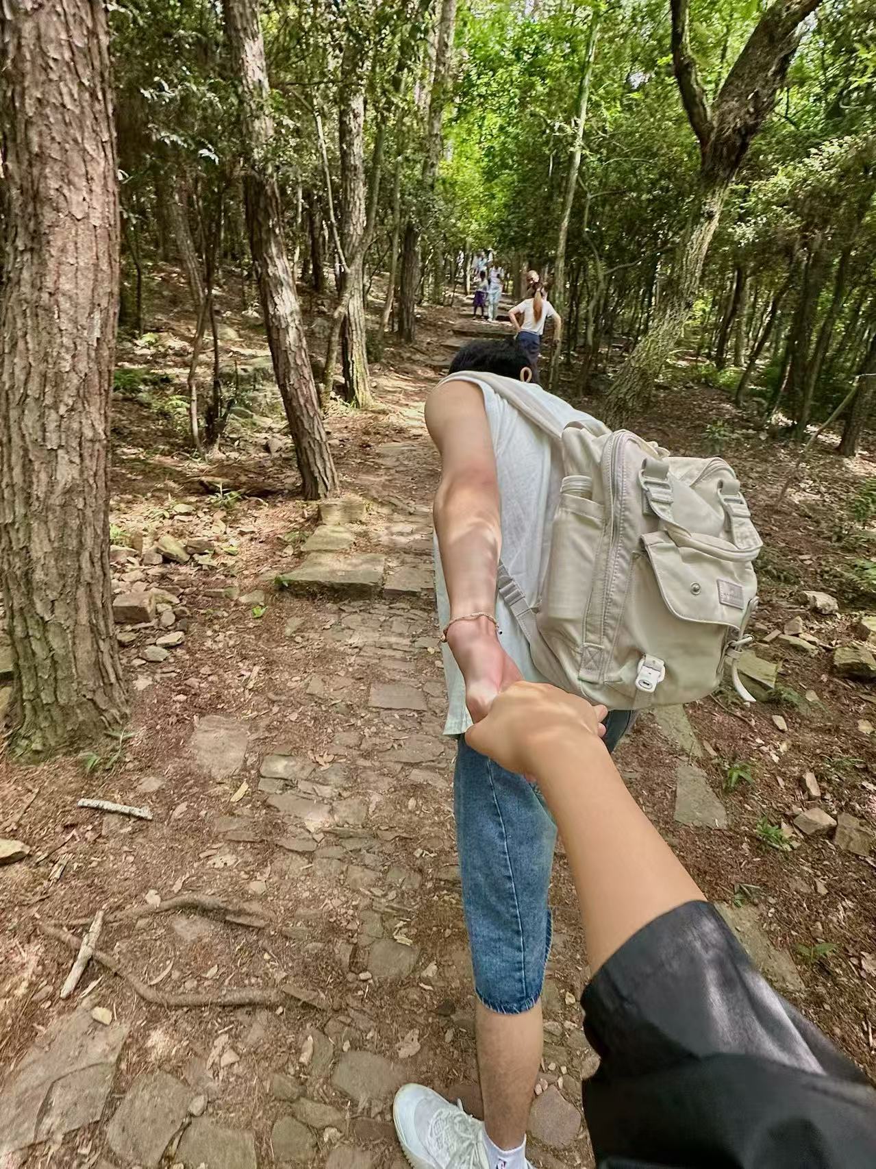 林间石阶上，牵着对方的手继续向前走的照片